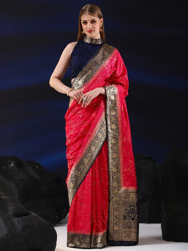 Women's Silk Blend Pink Woven Design Designer Saree With Blouse Piece Peter Pan Collar Blouse