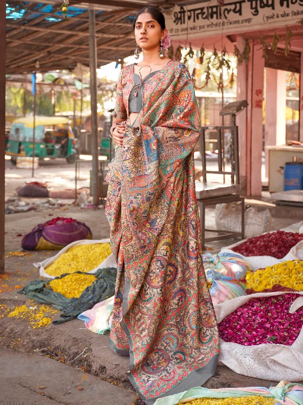 Women's Silk Blend Beige Printed Designer Saree With Blouse Piece Floral Chiffon Blouse