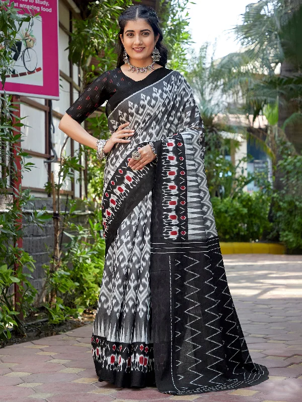 Women's Cotton Charcoal Grey Printed Designer Saree With Blouse Piece Asymmetric Hem Blouse