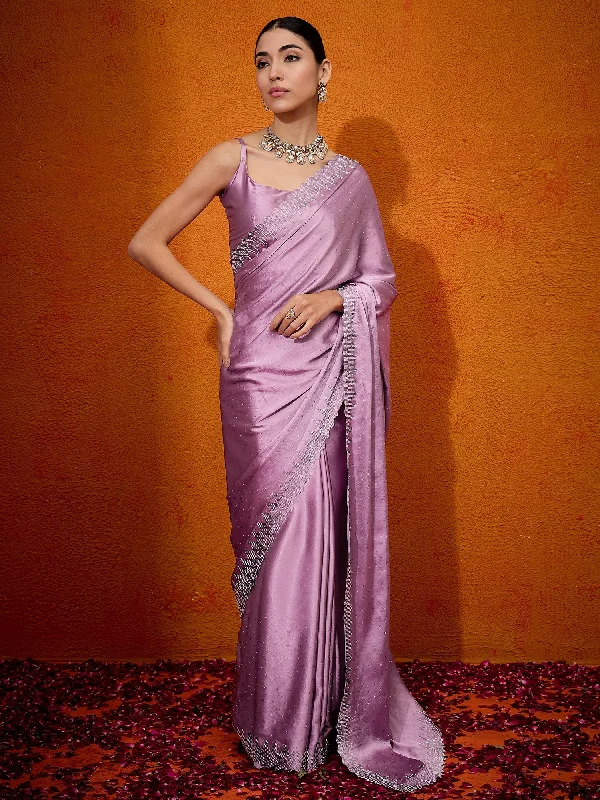 Women's Satin Silk Mauve Embellished Designer Saree With Blouse Piece Classic Minimalist Blouse