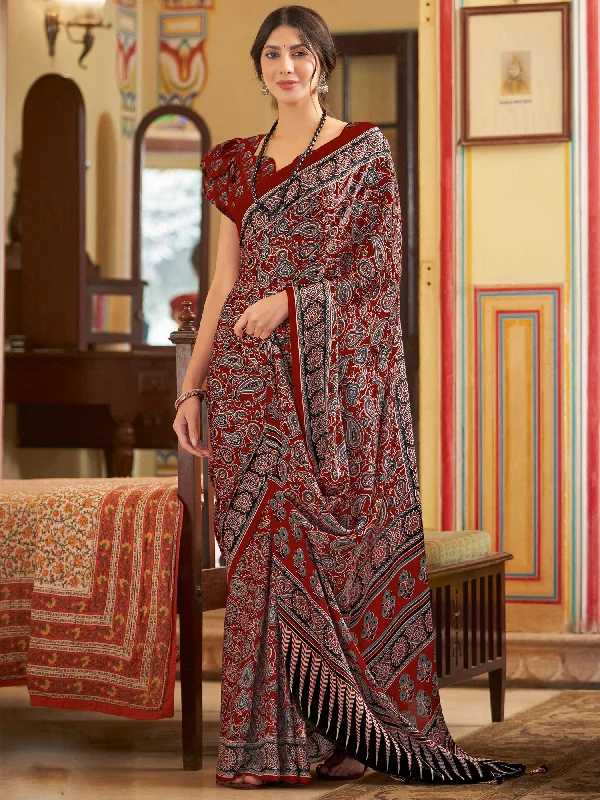 Women's Crepe Maroon Printed Designer Saree With Blouse Piece Embellished Collar Blouse