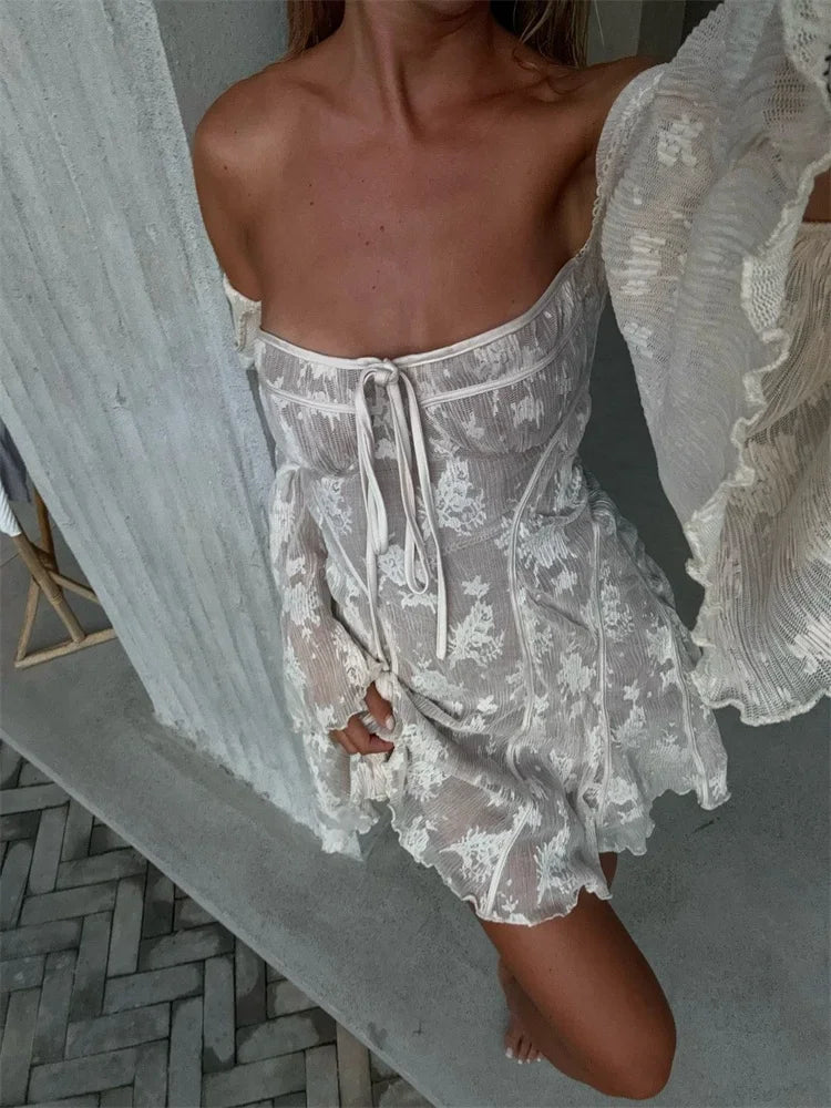 Advbridge Lace Printed Lace-Up Mini Dress Female Ruffled Square Collar Slim Fashion Sexy See-Through Dress For Women Bandage Dress Comfortable Wrap Mini Dress