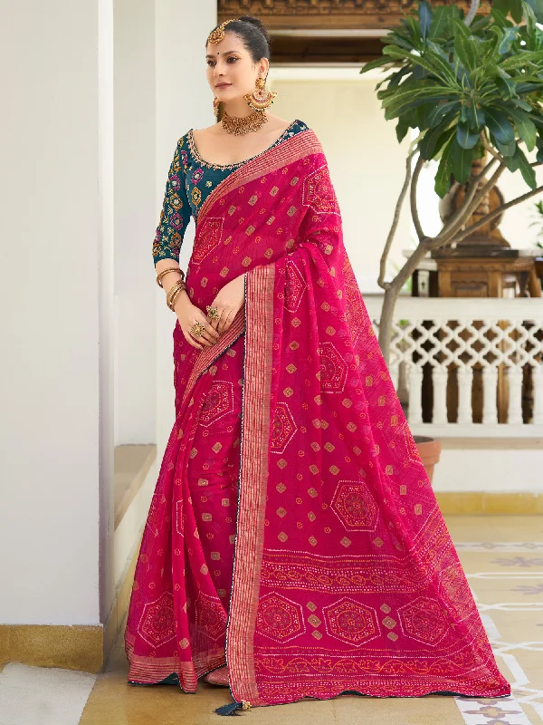 Women's Chiffon Pink Embellished Designer Saree With Blouse Piece Modern Work Blouse