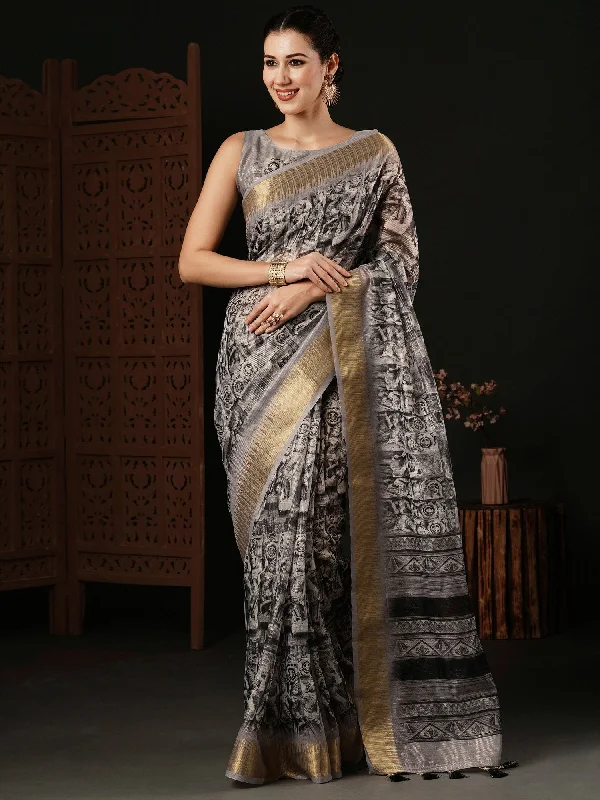 Women's Organza Grey Printed Designer Saree With Blouse Piece Lightweight Chiffon Blouse