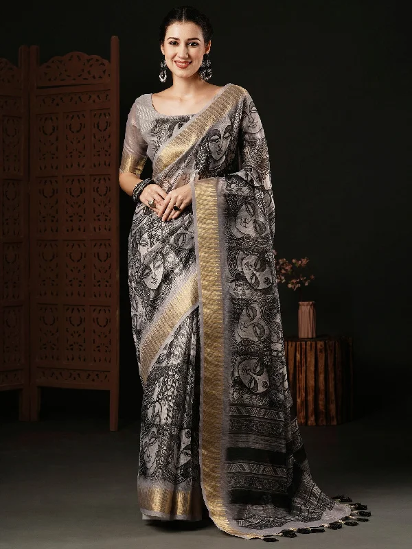 Women's Organza Grey Printed Designer Saree With Blouse Piece Casual Button Blouse