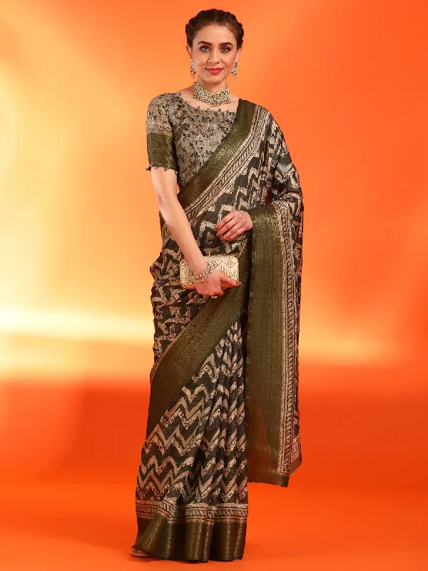 Women's Dola Silk Olive Printed Designer Saree With Blouse Piece Wrap Front Blouse