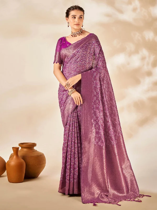 Women's Cotton Silk Magenta Woven Design Designer Saree With Blouse Piece Delicate Bow Blouse