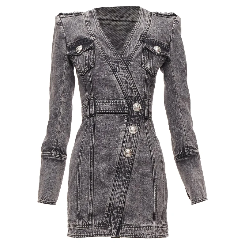 Balmain acid washed denim button embellished wrapped mini dress Classic Solid Mini Dress