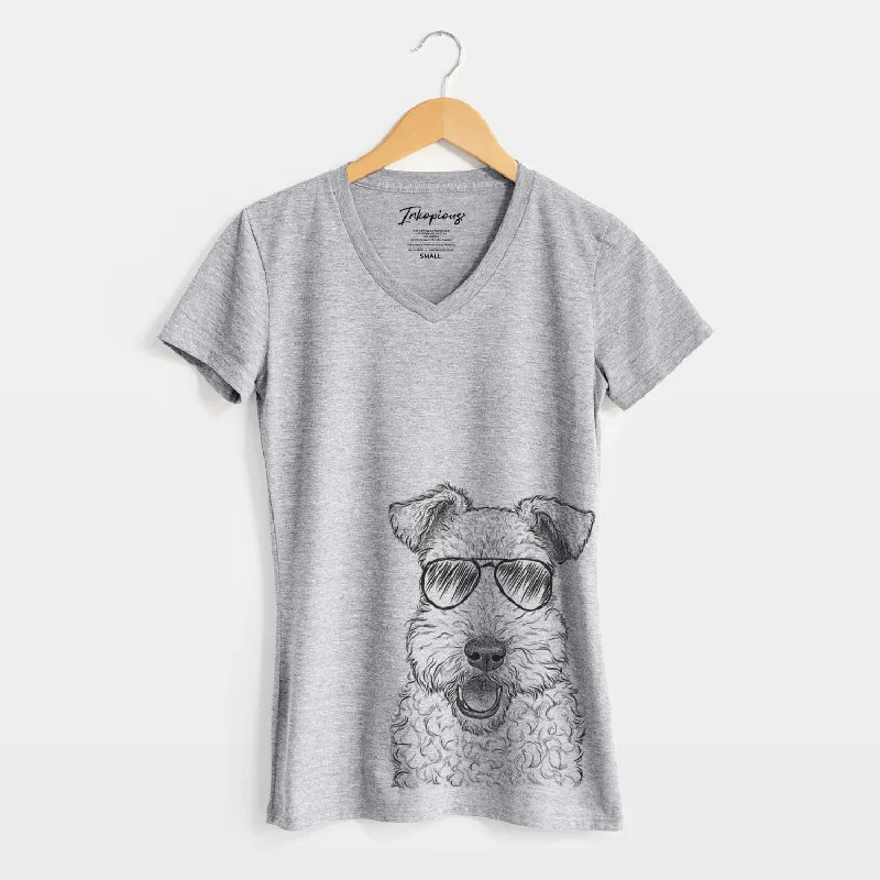 Aviator Ted the Wire Fox Terrier - Women's V-neck Shirt-- Plaid T-Shirt Polka Dot Checkered