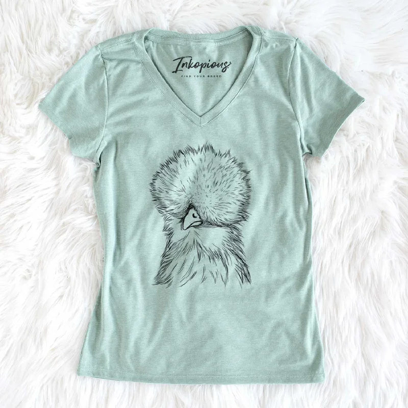 Bare Sally the Silkie Chicken - Women's V-neck Shirt-- Embroidered Appliqued Beaded
