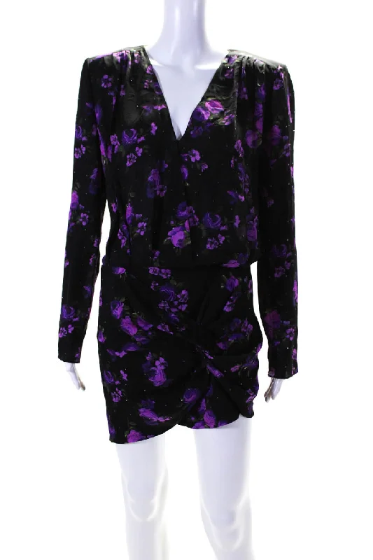 Magda Butrym Womens Black Purple Floral Print Open Back Silk Mini Dress Modern Satin Mini Dress