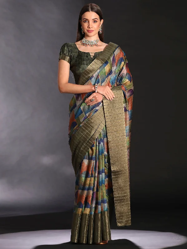 Women's Silk Blend Multicolored Printed Designer Saree With Blouse Piece Classic White Blouse
