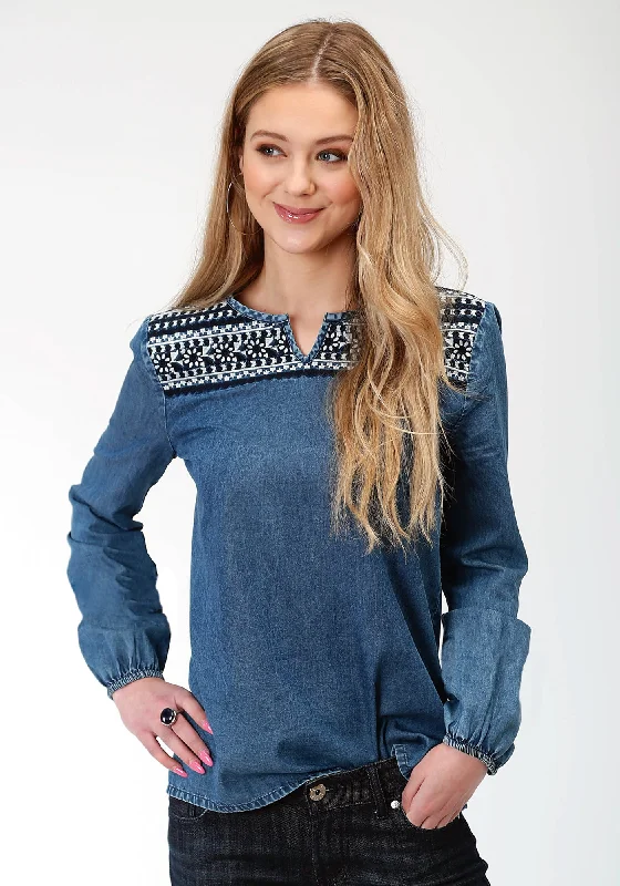 Roper Womens Blue Denim 4.5Oz Denim L/S Shirt-- Houndstooth Herringbone Solid