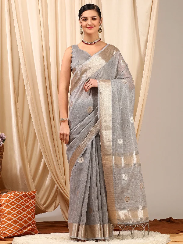 Women's Linen Grey Woven Design Designer Saree With Blouse Piece Short Sleeve Blouse