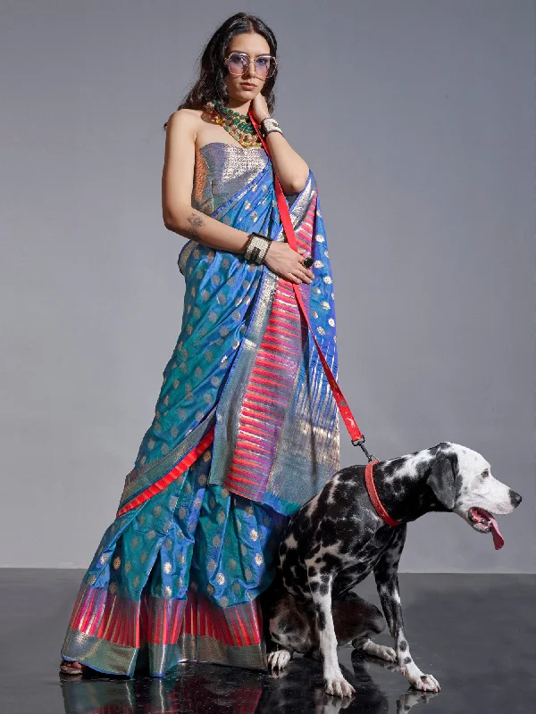 Women's Silk Blend Teal blue Woven Design Handloom Saree With Blouse Piece Feminine Puff Blouse