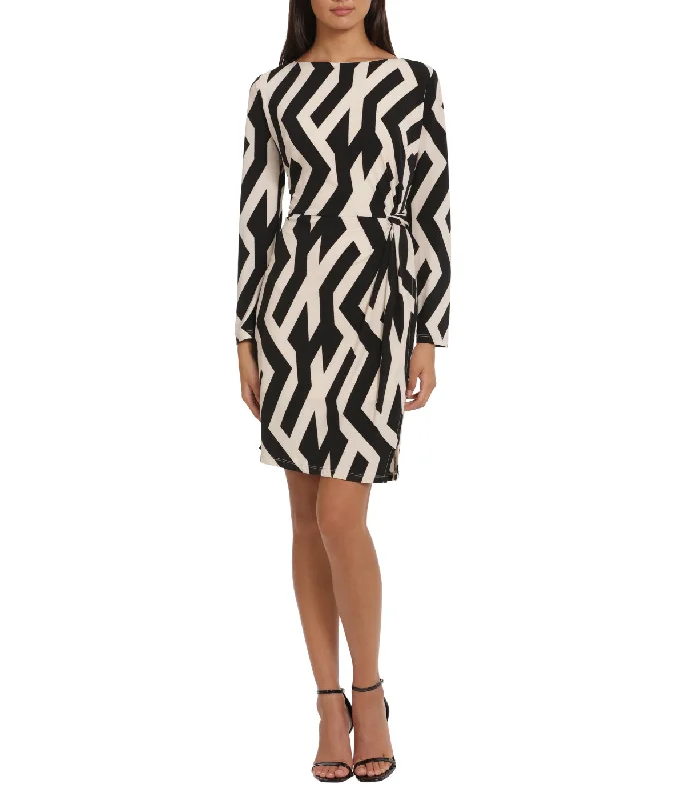 Long Sleeve Mini Dress With Twist Skirt Detail Fashionable Boho-Chic Mini Dress