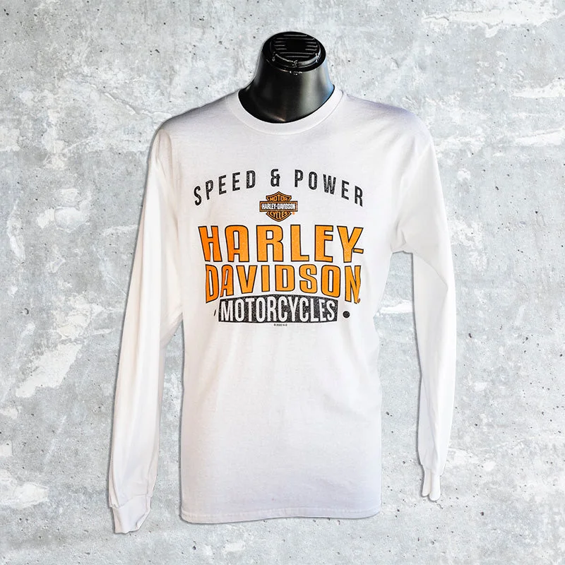 Lake Shore Harley Davidson- White Shirt with  Speed & Power Text-- Ribbed Striped Patterned