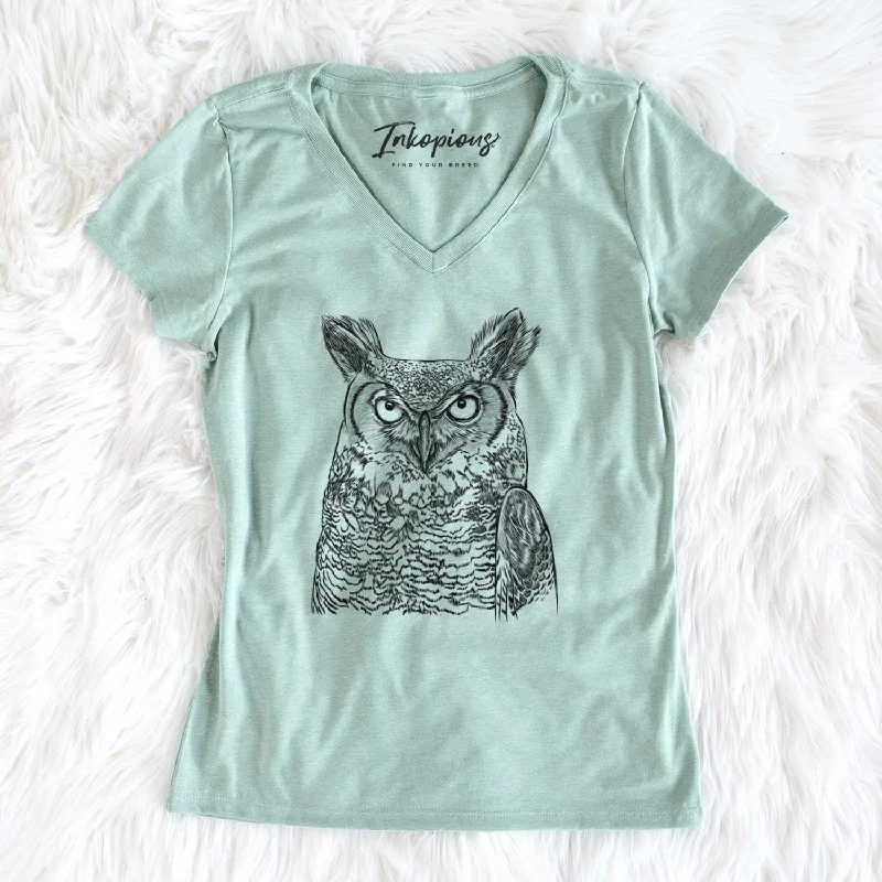 Bare Ozwald the Grey Horned Owl - Women's V-neck Shirt-- Hooded Caped Shawl Collar