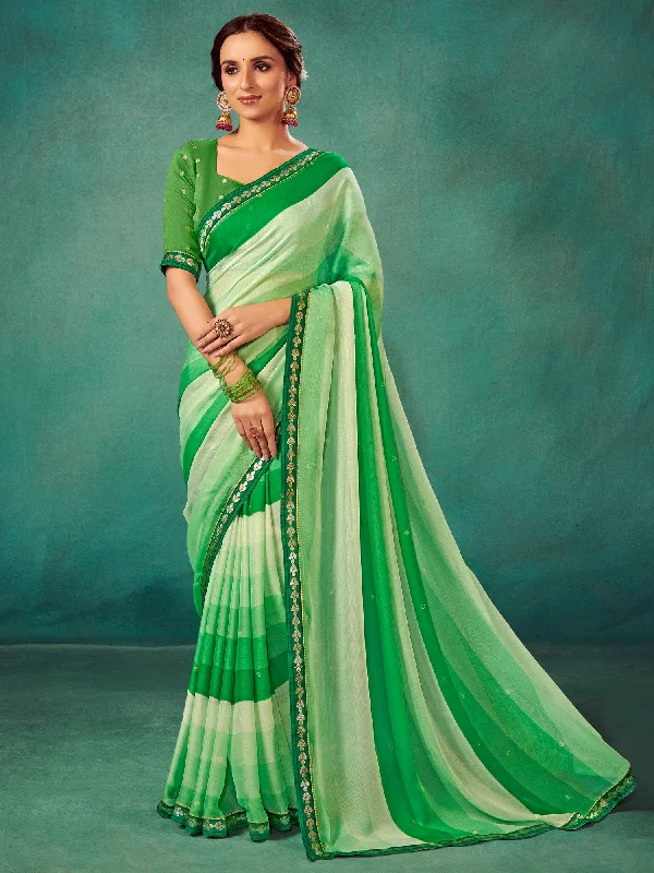 Women's Chiffon Green Embellished Designer Saree With Blouse Piece Wrap Front Blouse