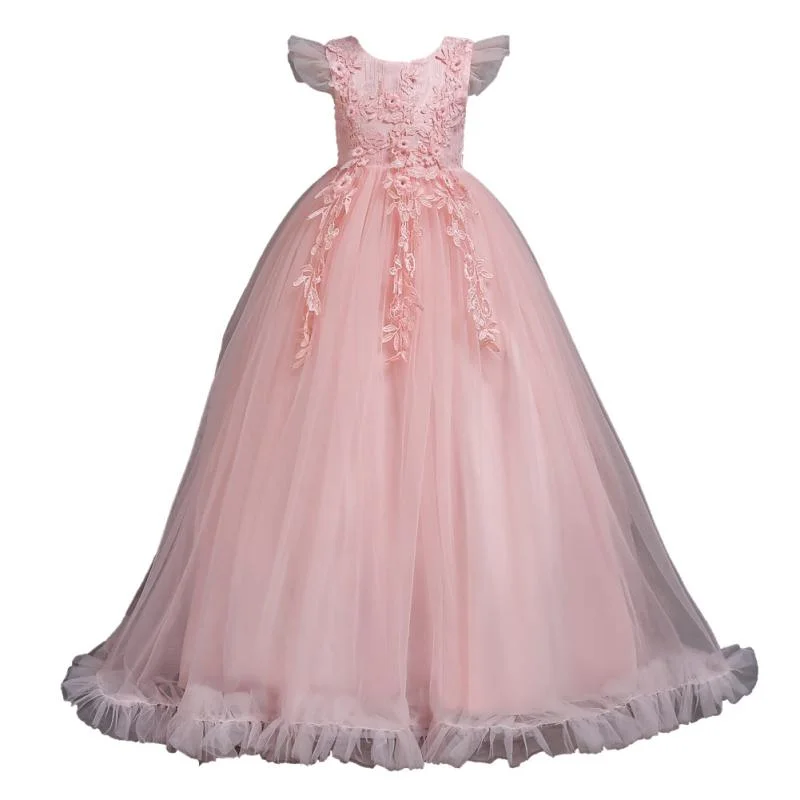 Girls Floral Pattern Ruffle Sleeves Party Dress Chiffon Maxi Beach
