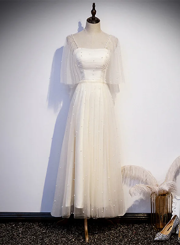 Light Champagne Short Sleeves Long Wedding Party Dress, Cute Prom Dress Tunics Silk luxurious