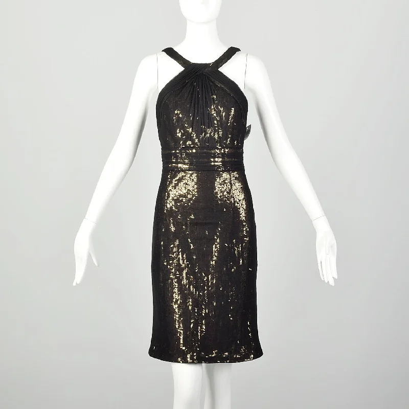 Medium Theia Black Party Dress Sheer Mesh Sleeveless Gold Sequin Mini Tunics Top Casual