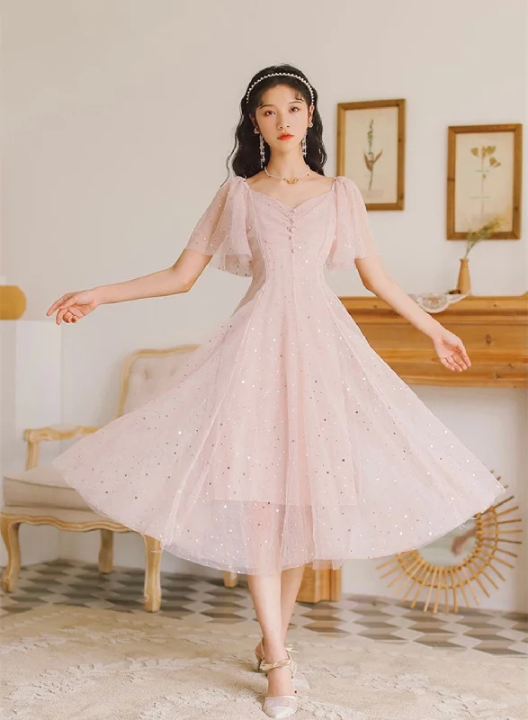 Pink Cute Tea Length Tulle Wedding Party Dress, Pink Soft Tulle Prom Dress Tunics Travel practical