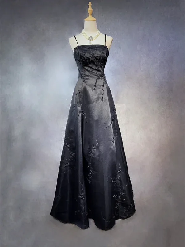 Black Spaghetti Straps A-Line Beading Satin Vintage Long Formal Party Dress, DP4707 Sequined Elegant Party