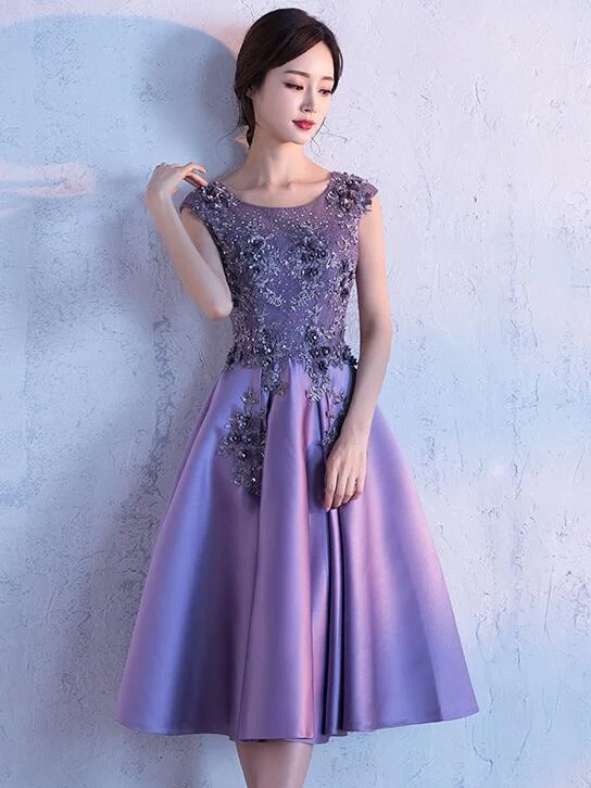 Cute Dark Purple Knee Length Satin Bridesmaid Dress, Lace Floral Party Dress Tunics Corduroy durable