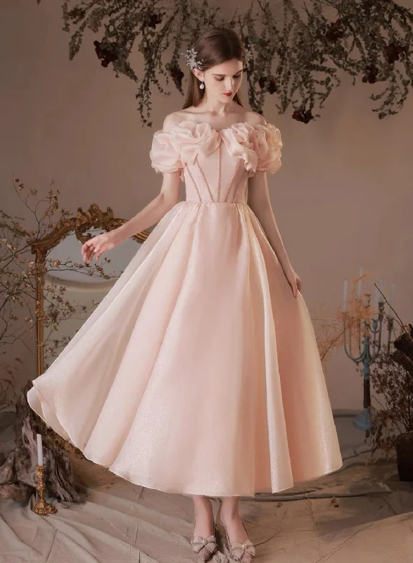 Pink Tea Length Sweetheart Beaded Party Dress, Pink Formal Dress Prom Dress Tunics Seasonal trendy
