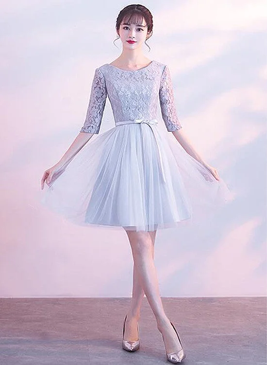 Light Grey Short Sleeves Lace and Tulle Party Dress, Simple Wedding Party Dress Tunics Versatile functional
