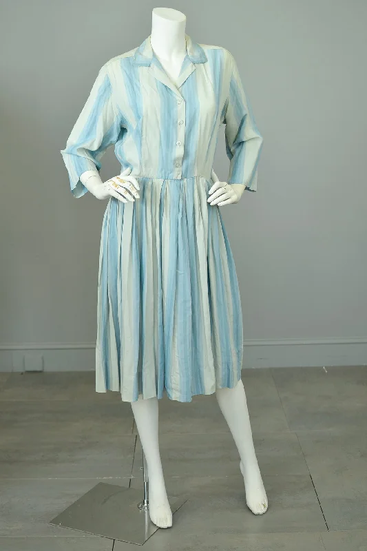 1950s 60s Sky Blue Striped Silk Shirtwaist Dress | Condition issues Tunics Office stylish