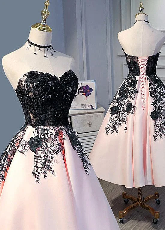 Cute Pearl Pink Tea Length Satin with Lace Applique Party Dress, Homecoming Dress Tunics Top rated
