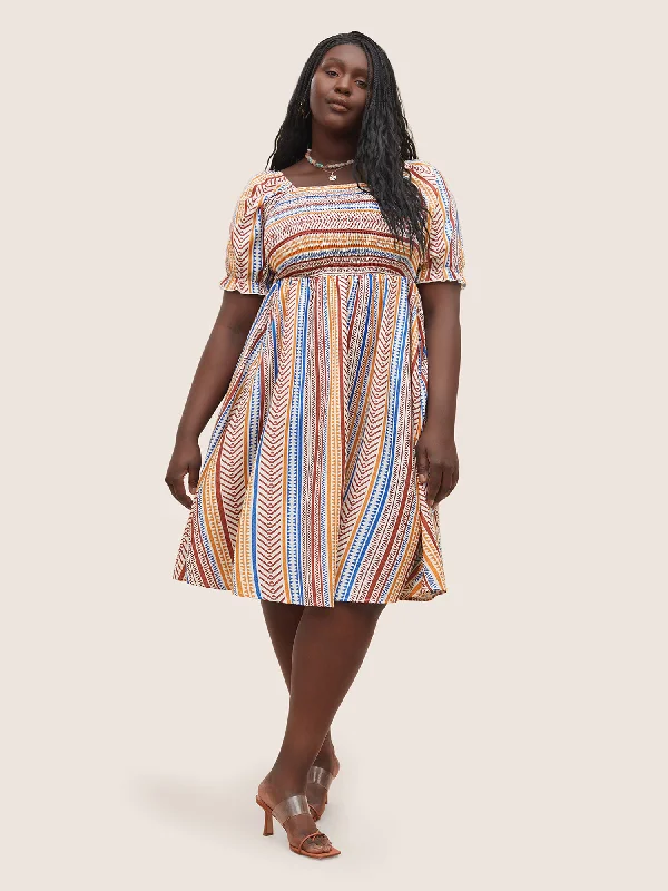 Color Striped Shirred Lantern Sleeve Dress Tunics Exclusive limited