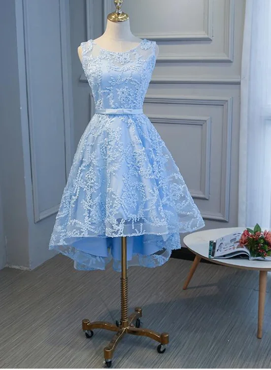 Charming Lace Round Neckline High Low Party Dress with Belt, Cute Party Dress Tunics Fleece cozy