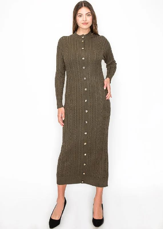 Olive Cable Knit Button-Down Dress Halter Neckline Beach