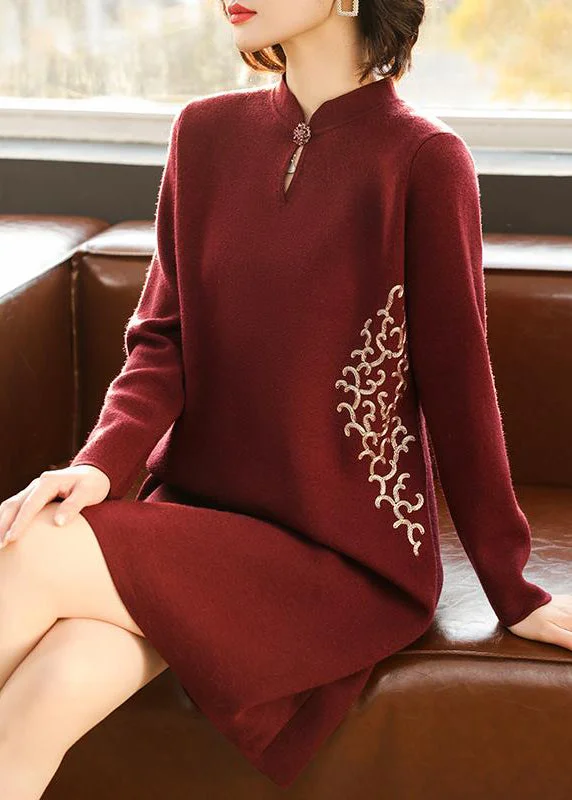 Classy Mulberry Stand Collar Wool Mid Knit Dress Spring Crew Neckline Casual
