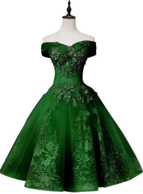 Green Off Shoulder Tea Length Party Dress with Lace, Green Formal Dress Prom Dress Tunics Party sparkling