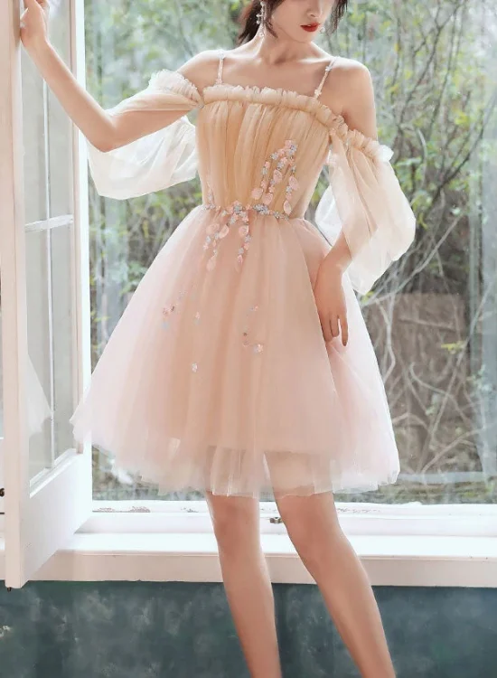 Cute Short Off Shoulder Tulle with Flowers Party Dress, Short Homecoming Dresses Tunics Gym athletic