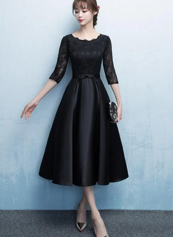 Black Satin Tea Length Party Dress, Black Prom Dress Tunics Satin smooth