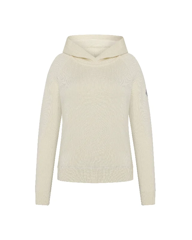 Loose Fit Extra Fine Merino Hoodie Female - Off White Hoodie with Raglan Sleeves Sporty Comfortable