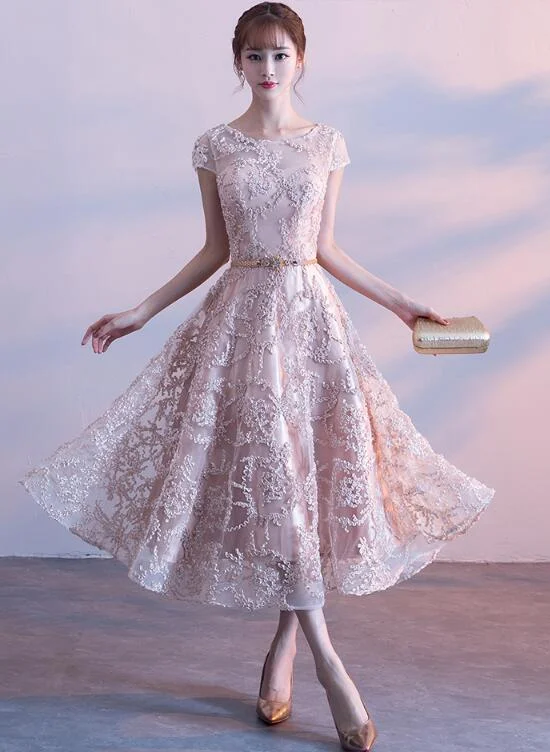 Fashionable Tea Length Lace Cap Sleeves Bridesmaid Dress, Lace Party Dress Tunics Luxurious high-end