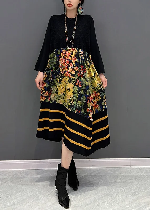DIY Black O-Neck Print Striped Patchwork Knit Long Dresses Fall Tunics Denim casual