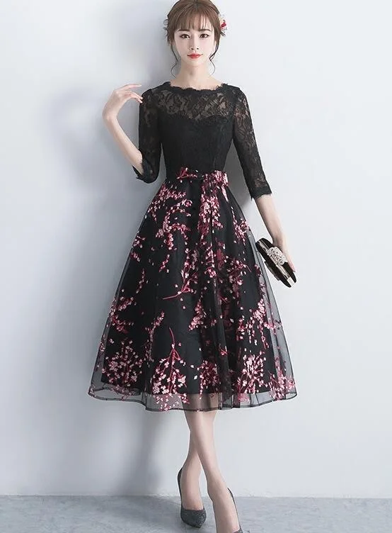 Black Lace Top with Floral Skirt Tea Length Party Dress, Cute Party Dress Pleated Skirt Elegant