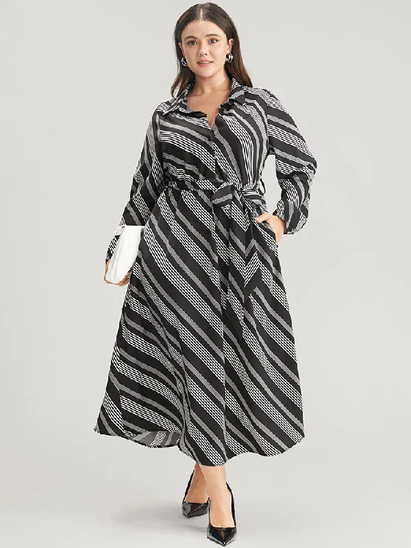 Striped Lantern Sleeve Pocket Belted Lapel Collar Dress Tunics Trendy modern