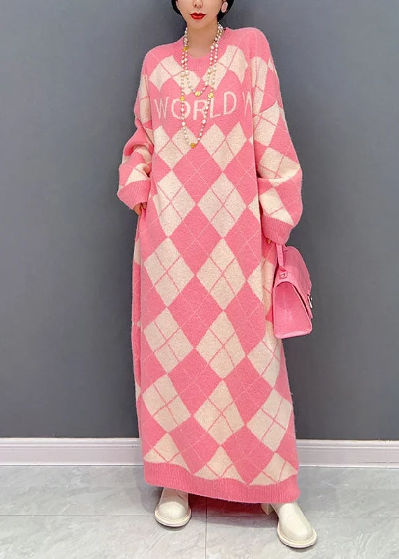 Casual Pink O Neck Oversized Plaid Knit Long Dress Winter Tunics Summer linen