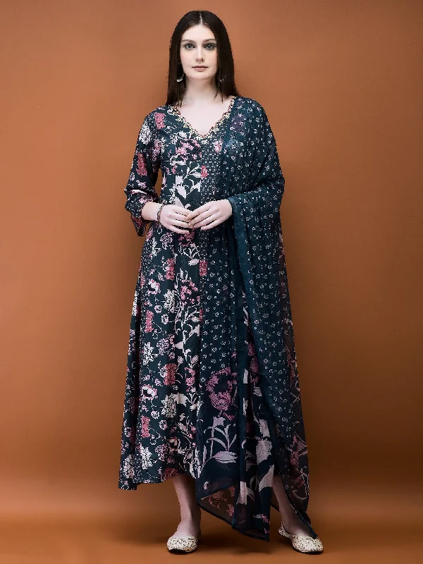 Women Liva (Rayon) Grey Floral Print Dress With Dupatta Tunics Sale discount
