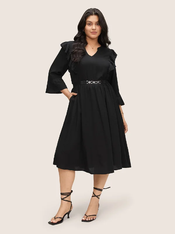 Solid Laser Cut Flutter Trim Bell Sleeve Dress Tunics Party sparkling