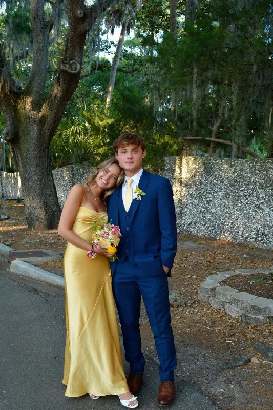 Yellow Straps A-Line Satin Long Party Dress Simple Prom Dress, DP4691 A-Line Day Work