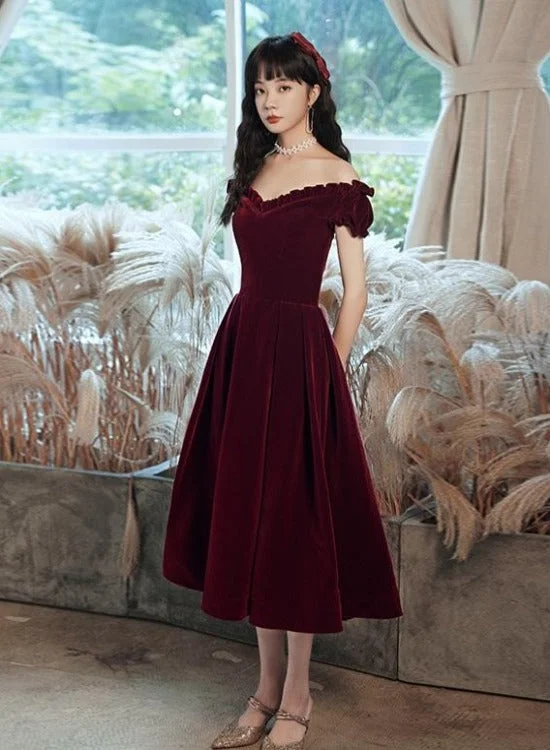 Cute Short Burgundy Sweetheart Off Shoulder Tea Length Party Dress, Velvet Prom Dress Tunics Custom made